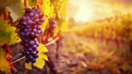 Rows of ripe purple grapes in a vineyard with a sunset in the background. Close up of a bunch of grapes. Selective focus. Generative AI