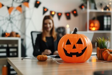 Office decorated for Halloween with jack-o'-lantern and festive ornaments on the table. Holiday decoration, Halloween celebration, festive office environment, thematic workplace decor.