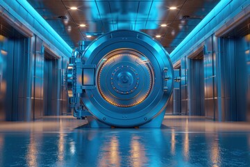 Fototapeta premium A large, steel vault door in a modern bank corridor, lit by blue lights