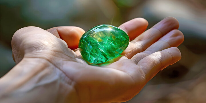 emerald  healing stone in hand, ai generated.