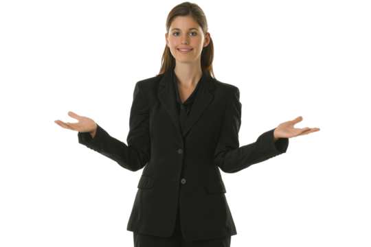 Confident Businesswoman in formal suit Gesturing with Both Hands