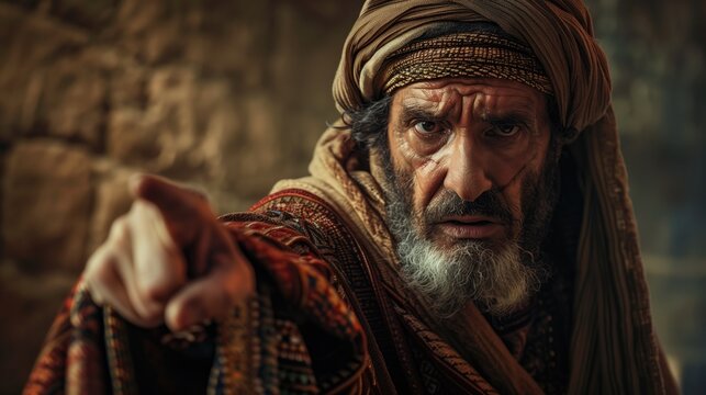 Elderly pharisee with intense expression pointing finger, dressed in traditional Middle Eastern attire. Historical reenactment, cultural representation, biblical times, storytelling.