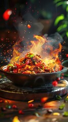 Immerse viewers in a culinary masterpiece with a frontal view capturing the sizzling