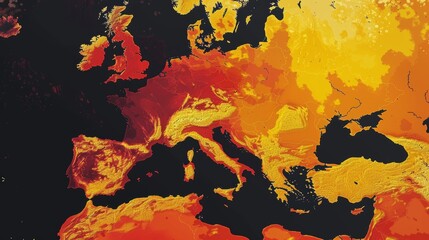 Europe heatwave map  red and orange heat haze in western and southern regions on black background