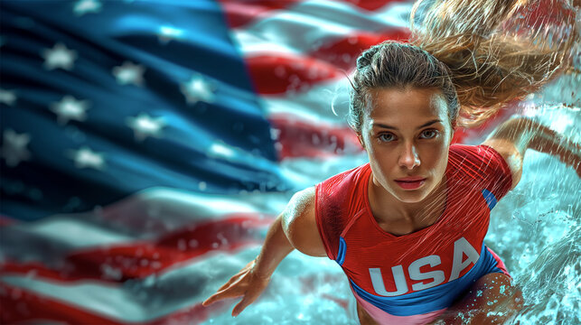 Determined female swimmer with USA flag background, intense sports portrait, strong and focused sportswoman in water, patriotic and motivational fitness imagery
- Powered by Adobe