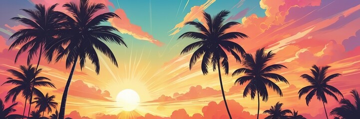 Fototapeta premium Tropical palm sunset sky, Wide background