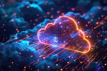 A cloud shaped digital network with a glowing orange outline, house icon, and blue and orange lights