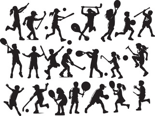 Children girl and boy play sport hockey baseball basketball soccer volley golf cricket tennis vector silhouette collection                                                           
