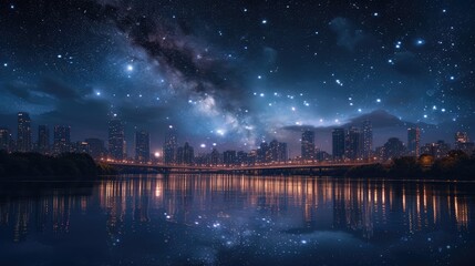 Night cityscape with starry sky and river reflection.