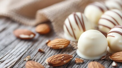 Close-up of white chocolate truffles with chocolate drizzle, and scattered almonds on a rustic wooden table, creating a delicious and inviting scene.