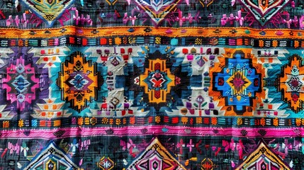 Woven fabric texture with intricate tribal patterns and vibrant colors, perfect for bohemianinspired wallpapers and eclectic graphic projects.,