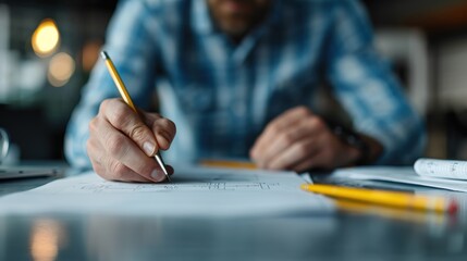 A man is diligently writing in a notebook while seated at a desk, surrounded by other writing tools, in a casual indoor setting, focusing on his task with concentration.