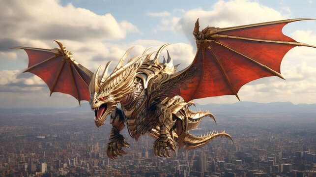 Steampunk mechanical dragon flying over a city, brass tones, intricate design