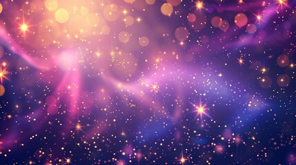 Obraz premium Ethereal Bokeh and Starry Lights Abstract; Bright Purple and Yellow Rays of Light with Sparkling Particles; Dreamy and Fantasy-Themed, Background with Bokeh and Stars