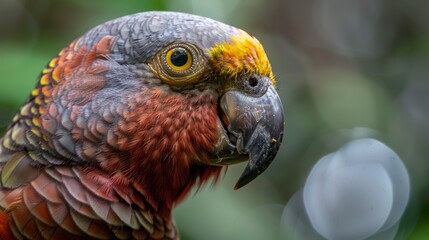 Obraz premium Extreme close-up of a Norfolk kaka's vibrant beak detail in high definition photography