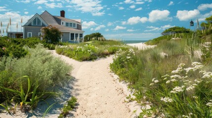 Suburban Cape Cod home with a seaside-inspired landscape, featuring a sandy path that mimics a beach walk, complete with beach grass and dune flowers
