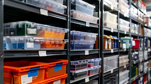 Meticulously Organized Storage Room with Clear Containers and Color-Coded Labels