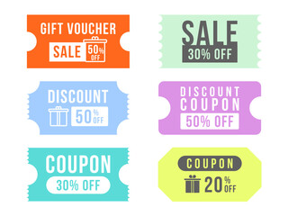 Coupon ticket set. Discount coupon. Gift voucher. Discount card 20,30,50 percent discount. Sale coupon with big sale, hot price, best seller etc