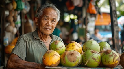 Fototapeta premium Fresh Young Coconuts Being Sold in Street Fruits Stall