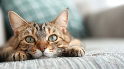 A close-up image of a relaxed cat lying on a cozy gray blanket, casting a calm and serene atmosphere, with its bright green eyes and patterned fur noticeable.