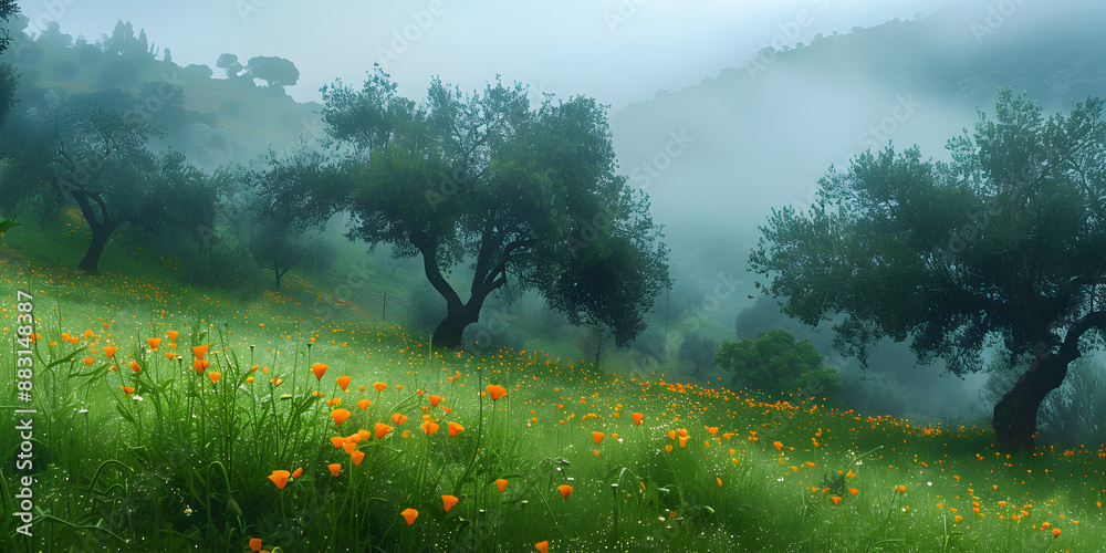 Poster Fields with trees in fog