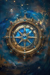 Fototapeta premium A detailed, ornate compass with a blue star design rests against a night sky backdrop with stars and galaxies
