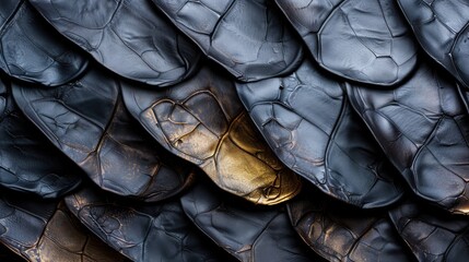 Obraz premium Intricately detailed black and gold reptilian scales are shown in a close-up view, emphasizing their unique pattern and textured design. This highlights their beauty and craftsmanship.