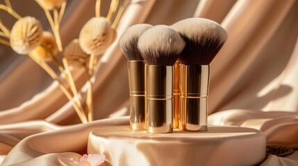 Stylish Makeup Brush set on a satin pedestal, with champagne gold highlights
