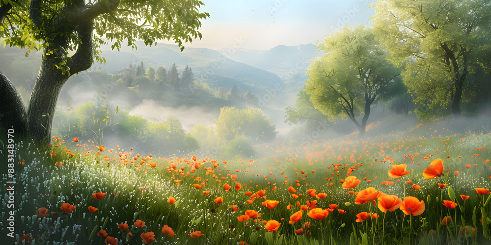 Poster Fields with trees in fog