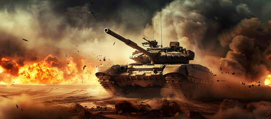 armored tank crosses a mine field during war invasion epic scene of fire and some in the desert, wide poster design with copy space area