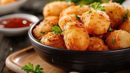 Fototapeta premium A black round bowl filled with golden fried hushpuppies, garnished with green parsley, perfect for a comforting and home-style culinary experience.