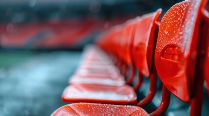 A neatly arranged row of vibrant red stadium seats, covered in raindrops, set in an empty sports venue, capturing the serene beauty of a rainy day at the stadium.