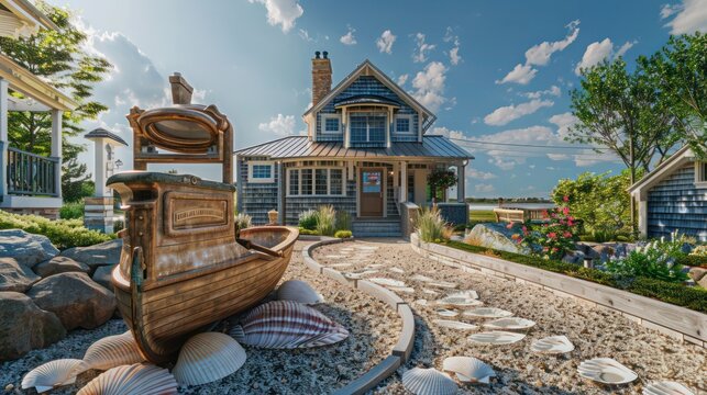 Suburban Cape Cod home with a seaside theme, featuring a boat-shaped mailbox and seashell walkway