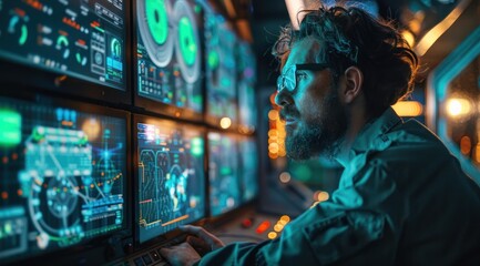 Obraz premium A man wearing glasses and a blue shirt sits in front of multiple computer monitors, each displaying different data