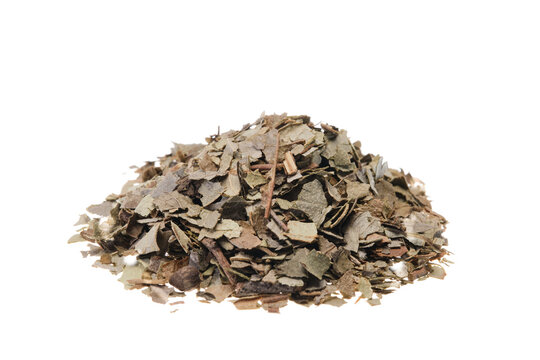 Dried crushed boldo leaves (Peumus boldus). Close-up, front view, isolated on a white background