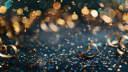 Glittering ribbon curls and confetti on festive, dark background