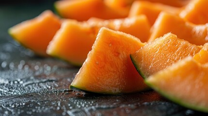 This image showcases a close-up view of fresh cantaloupe slices, displaying their juicy texture and vibrant orange color, with a beautifully blurred background adding depth.