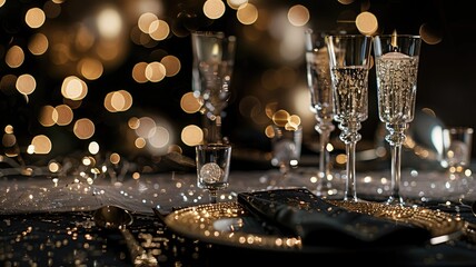 Elegant table setting with champagne glasses and festive lights