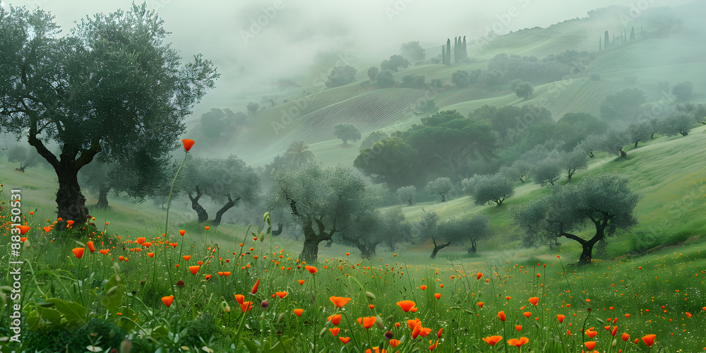 Poster Fields with trees in fog