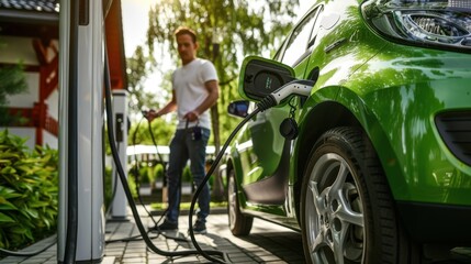 Obraz premium Man pushing a green electric car towards an electric charging station, representing eco-friendly transportation.