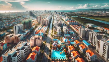 The setting of a coastal tourist city in an Asian country with blue skies, white clouds, and golden sunshine, aerial view
