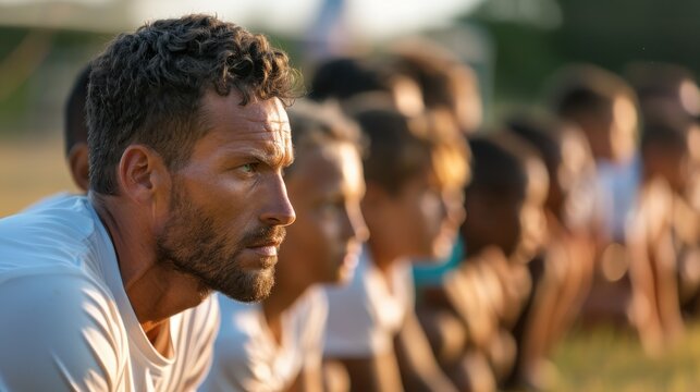A row of focused athletes sitting on the field during a moment of strategizing or game analysis, capturing the dedication and team spirit inherent in competitive sports.
