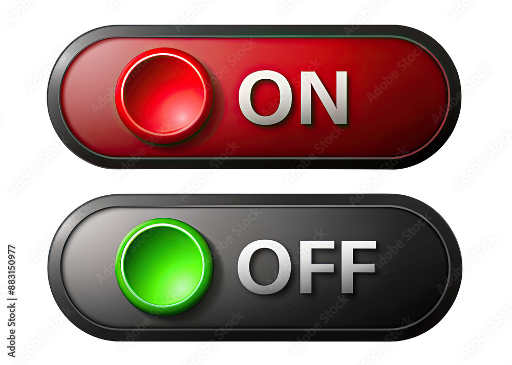 Sticker a graphic depiction of two modern on/off toggle buttons. the top button is red with a white on label
