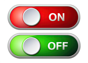 Two modern toggle buttons, one red with ON and one green with OFF, showcasing the classic on and off states. Generative AI