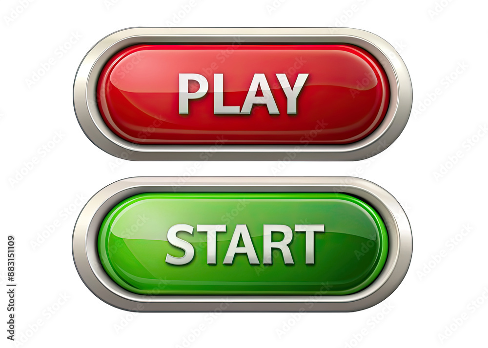 Sticker two glossy buttons with metallic borders, one red with the word play and the other green with the wo