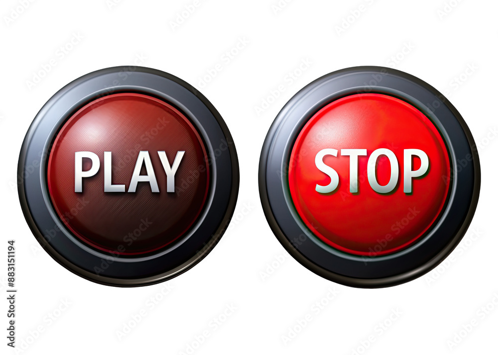 Poster two circular buttons, one red and one brown, with the words play and stop displayed in white on them