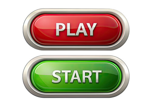 Two glossy buttons with metallic borders, one red with the word PLAY and the other green with the word START. Generative AI