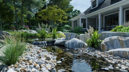 Naklejka premium Suburban Cape Cod home with a natural rock garden, featuring native plants and a peaceful water feature