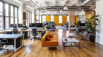 Modern office interior with yellow sofa and wooden floor.