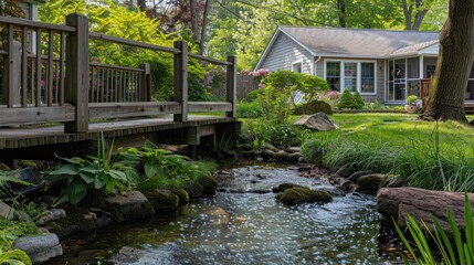 Obraz premium Suburban Cape Cod home with a quaint wooden footbridge crossing a small, gently flowing backyard stream